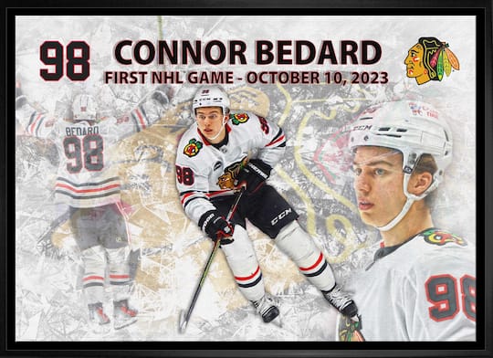 Connor Bedard 20" x 29" Framed Canvas Blackhawks First Game 31.5" x 22.5"